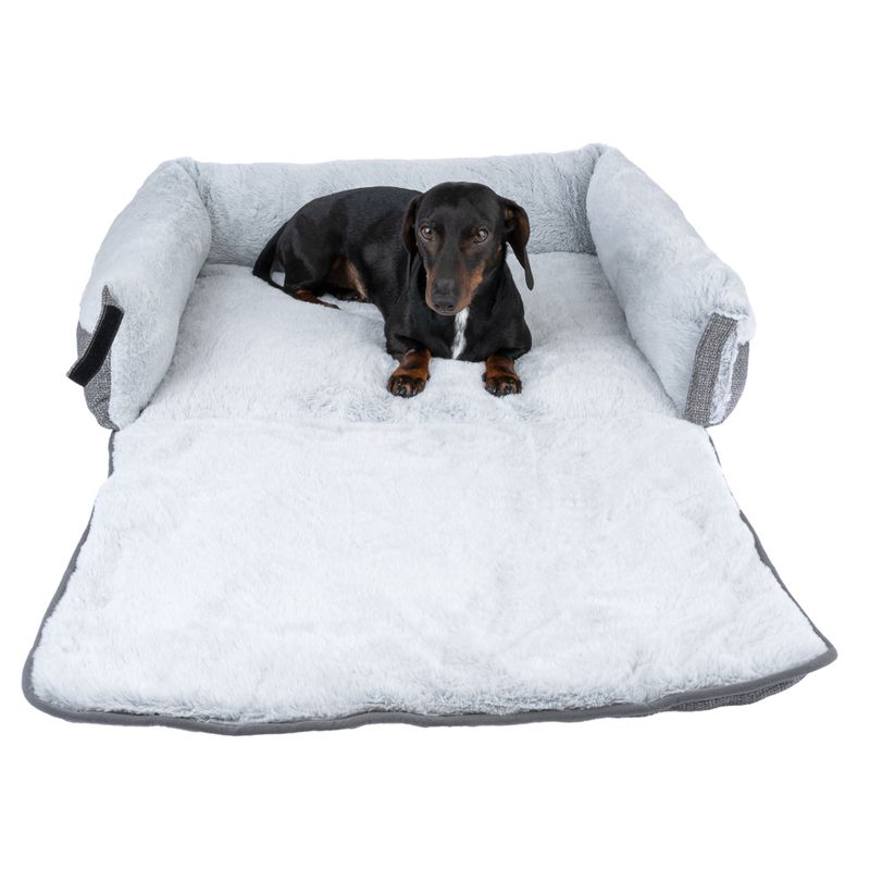 Dog lying on a grey, padded dog bed with fold-out lying surface and raised side edges.