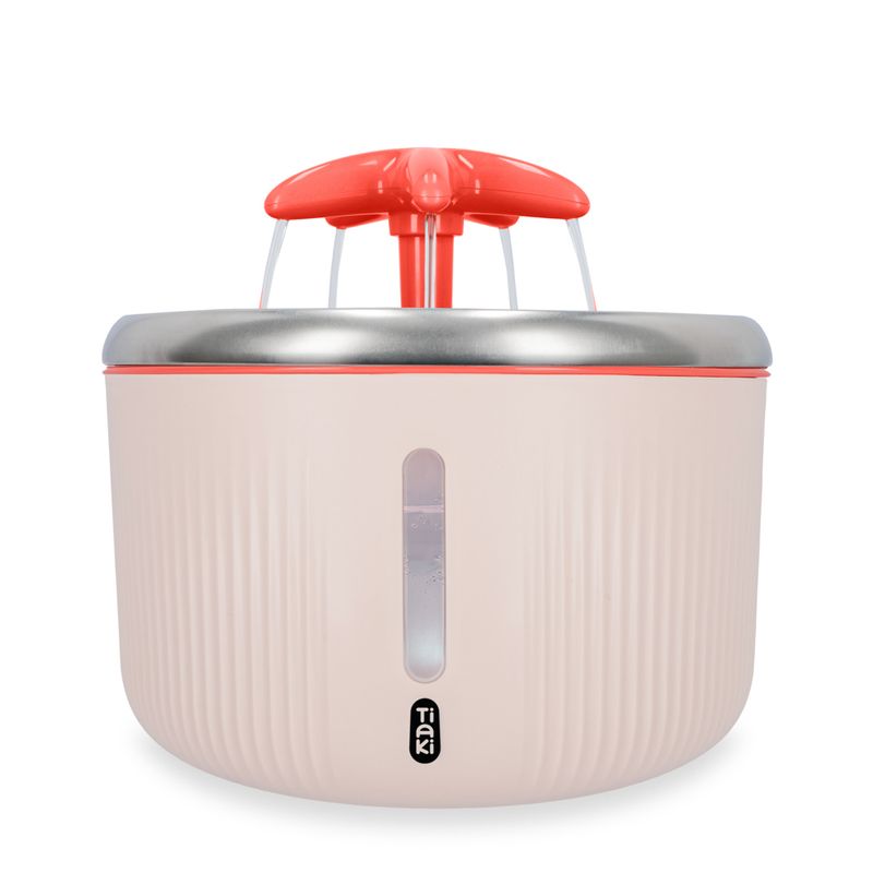 Tiaki drinking fountain with water level indicator, stainless steel lid and red spray head.