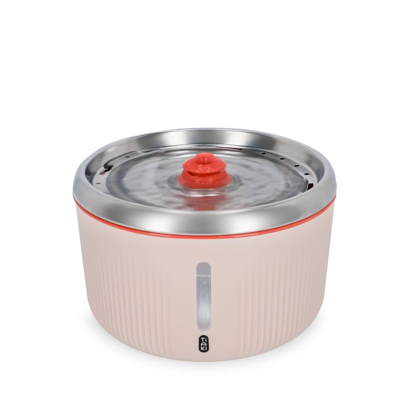 Drinking fountain with stainless steel surface, red water outlet and water level indicator. Brand name 'TiaKi' visible on the front.