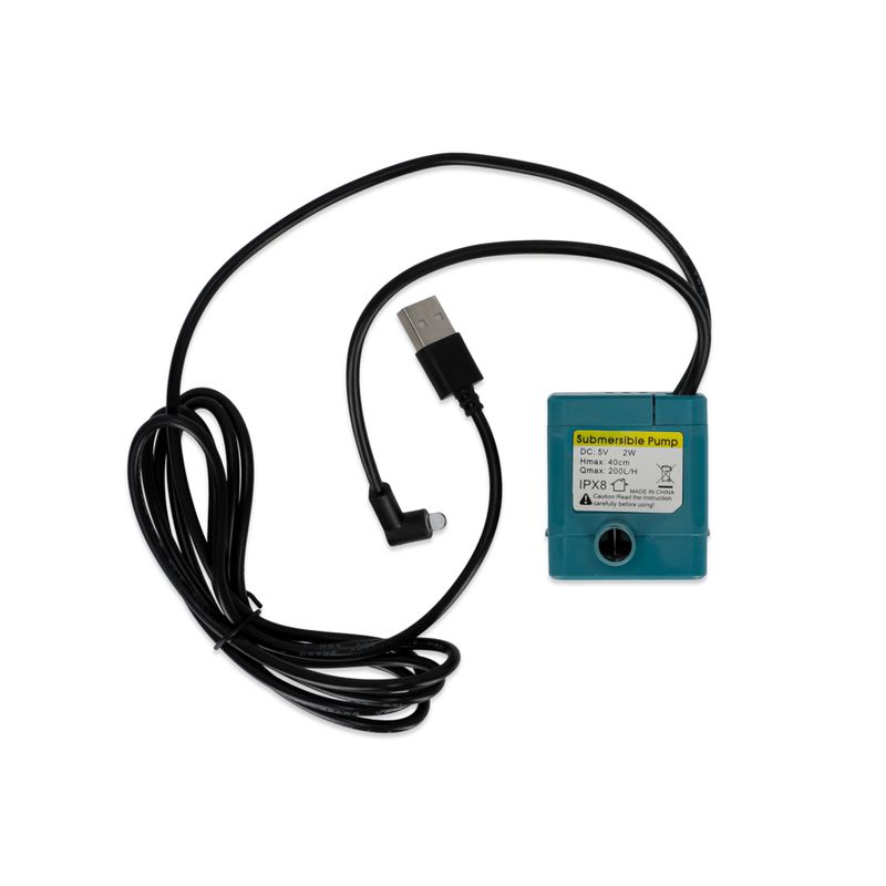 Submersible pump, DC 5V, 2W, max height 40cm, max flow 200L/h, IPX8, USB connection, made in China. Note: for underwater use only.