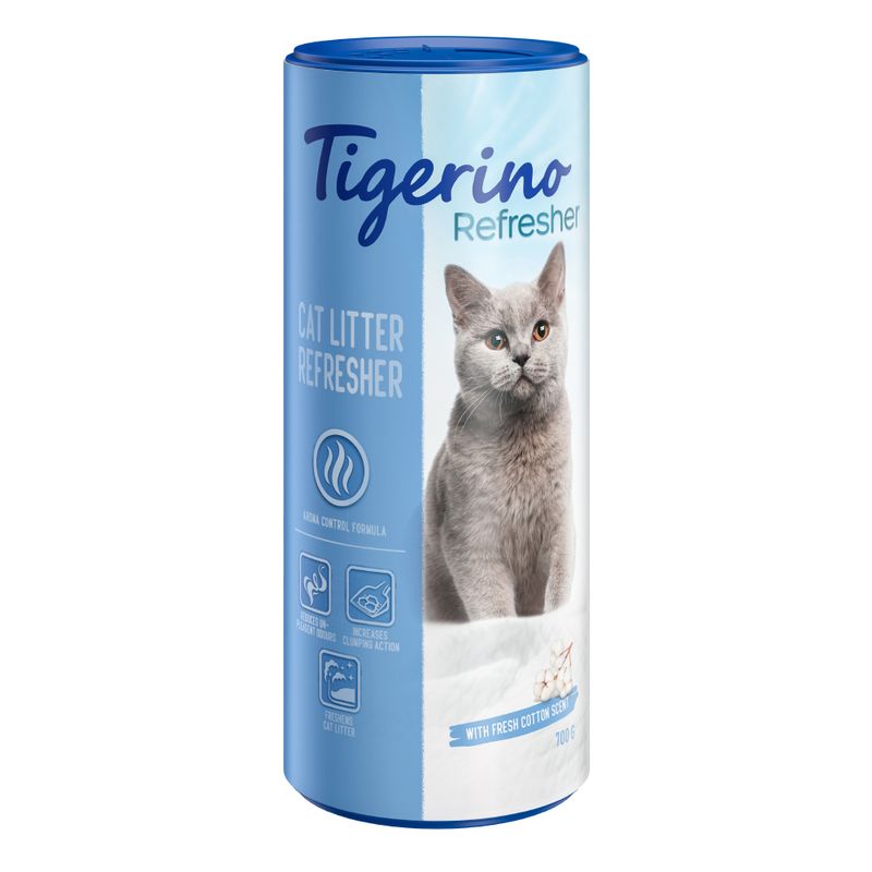 Cat litter refresher with aroma control formula, reduces odours, increases clumping action, freshens cat litter, with fresh cotton scent, 700g.