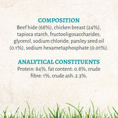 Composition: beef hide 68%, chicken breast 24%, tapioca starch, fructooligosaccharides, glycerol, sodium chloride, parsley seed oil 0.1%, sodium hexametaphosphate 0.01%. Protein 84%, fat 0.8%, fibre 1%, ash 2.3%.