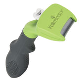 Green and black grooming tool with metal comb and ergonomic handle, featuring a button labelled 'FURejector' for removing collected hair.