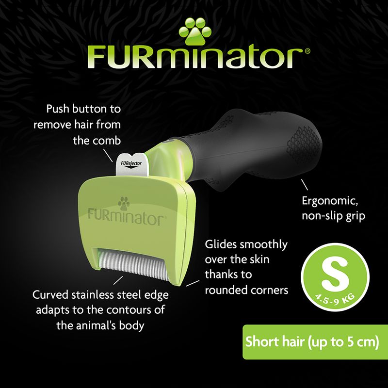 FURminator tool for short hair up to 5 cm, size S for 4.5–9 kg, features push button to remove hair, ergonomic non-slip grip, curved stainless steel edge, and rounded corners.