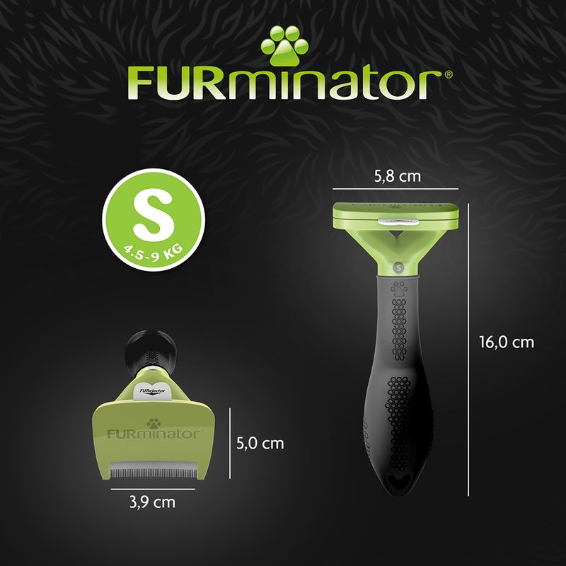 FURminator grooming tool, size S for 4.5–9 kg, shown with dimensions: 16 cm length, 5.8 cm head width, 5 cm blade height, and 3.9 cm blade width.