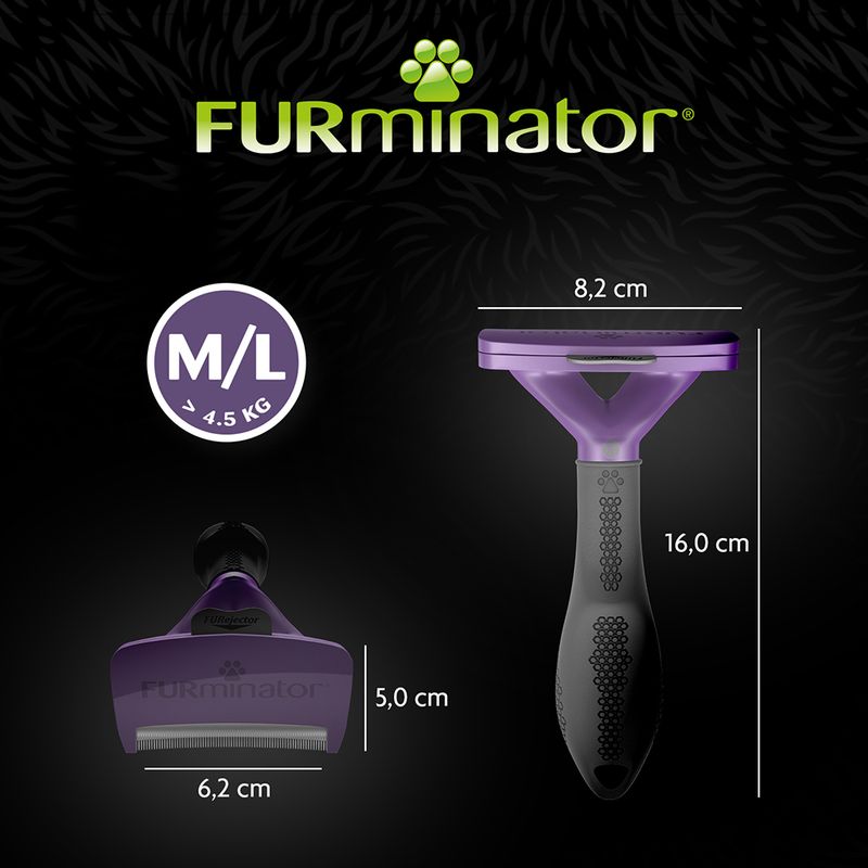 FURminator grooming tool for M/L size, over 4.5 kg. Dimensions: width 8.2 cm, height 16.0 cm, blade width 6.2 cm, blade height 5.0 cm.