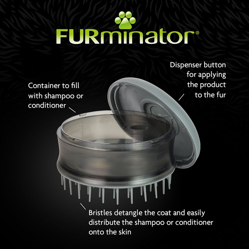 Shampoo or conditioner dispenser with bristles for detangling and distributing product onto the coat, featuring a container to fill and a button for applying the product.