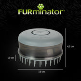 Grooming brush with dimensions: 7.5 cm wide, 4.5 cm high, bristle length 1.0 cm. FURminator brand name shown above the product.