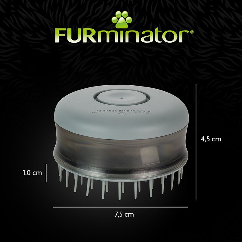 Grooming brush with dimensions: 7.5 cm wide, 4.5 cm high, bristle length 1.0 cm. FURminator brand name shown above the product.