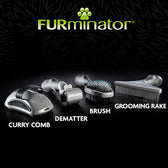 FURminator grooming tools shown with labels: curry comb, dematter, brush, and grooming rake. Each tool is displayed separately for comparison.
