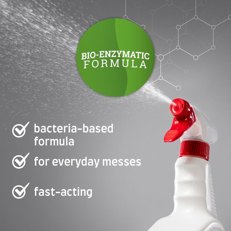 Spray bottle with text: bio-enzymatic formula, bacteria-based formula, for everyday messes, fast-acting.