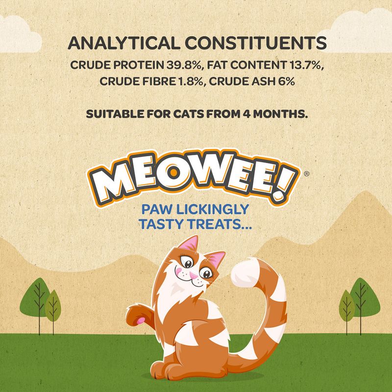 Analytical constituents: crude protein 39.8%, fat content 13.7%, crude fibre 1.8%, crude ash 6%. Suitable for cats from 4 months. Meowee! Paw lickingly tasty treats.