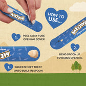 Instructions showing how to use the treat tube: peel away tube opening cover, bend spoon up towards opening, then squeeze wet treat onto built-in spoon.