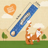 Meowee! Savoury Spoonables treat stick, 16.8cm by 3.2cm, with 'instant tasty treat' and 'peel here' instructions shown on the packaging.