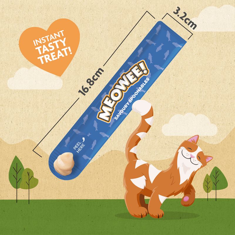 Meowee! Savoury Spoonables treat stick, 16.8cm by 3.2cm, with 'instant tasty treat' and 'peel here' instructions shown on the packaging.