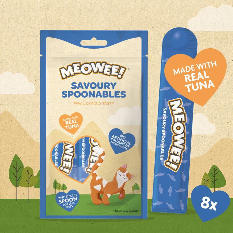 Meowee! Savoury Spoonables, made with real tuna, no artificial colours or preservatives, includes built-in spoon for less mess, pack contains 8 servings.