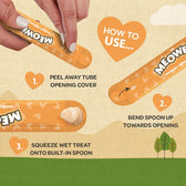 Instructions showing how to use the product: 1. Peel away tube opening cover, 2. Bend spoon up towards opening, 3. Squeeze wet treat onto built-in spoon.