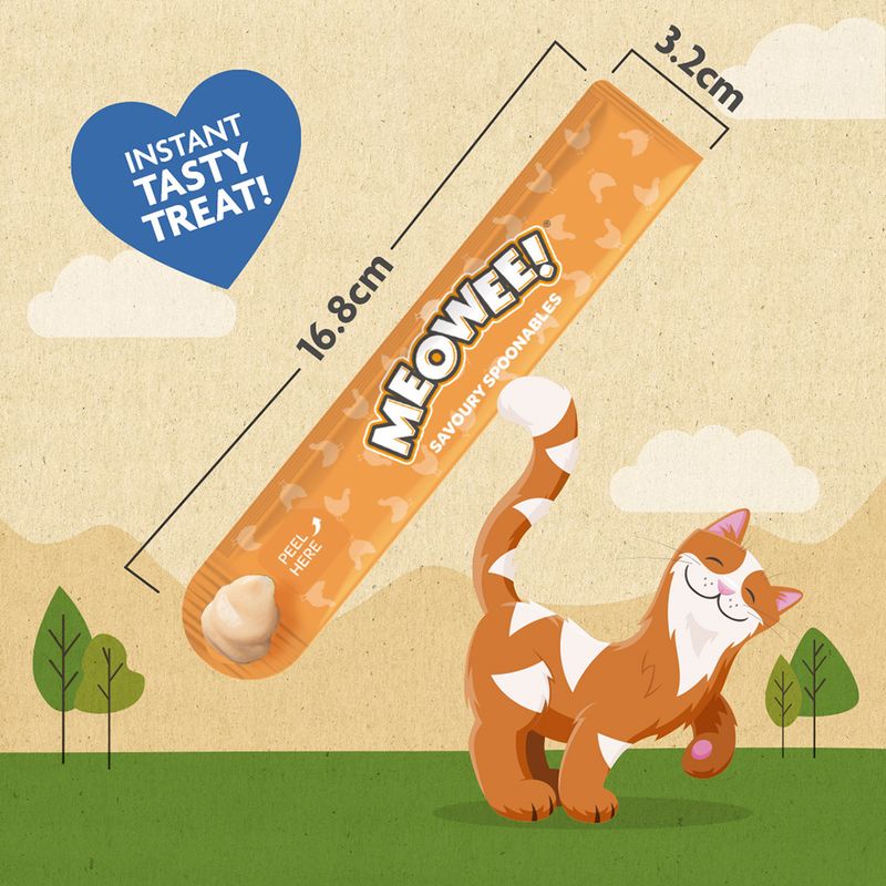 MeoWee! Savoury Spoonables treat stick with dimensions 16.8cm by 3.2cm, labelled 'instant tasty treat' and 'peel here' at one end.