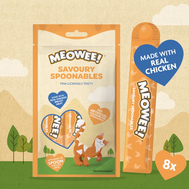 Meowee! Savoury Spoonables, made with real chicken breast meat, no artificial colours or preservatives, built-in spoon for less mess, 8 sticks shown on packaging.