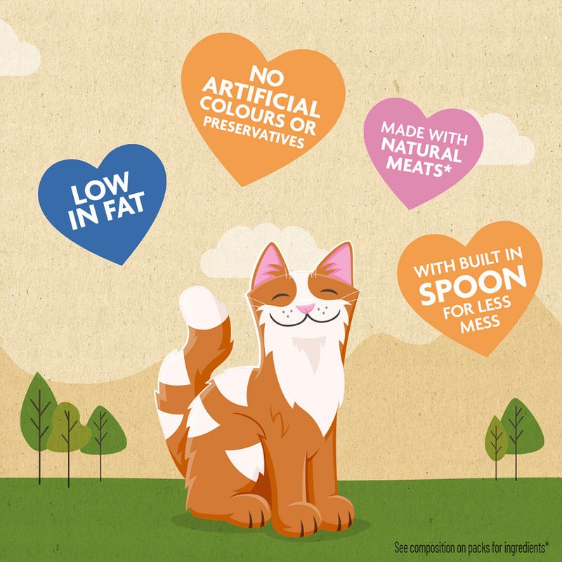 Key features: low in fat, no artificial colours or preservatives, made with natural meats, built-in spoon for less mess.