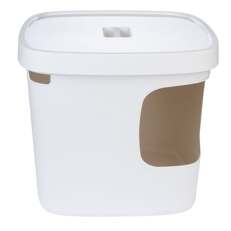 White container with removable lid and side opening, suitable for storing pet supplies or food.