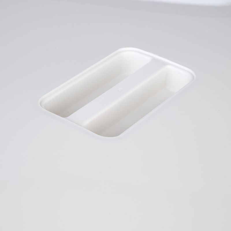 White plastic surface with rectangular recess, suitable for storing or separating items.