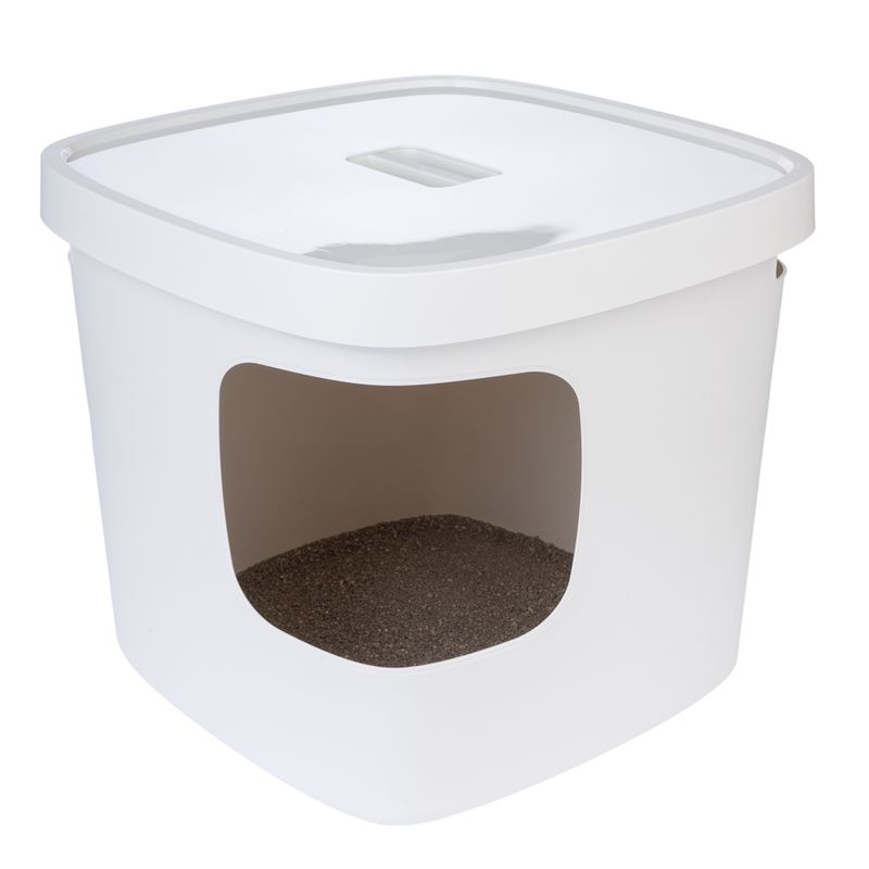 White cat litter box with removable lid and oval opening, filled with cat litter.