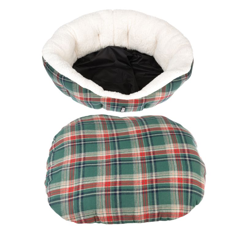 Green and red checked pet bed with removable cushion and white inner padding.