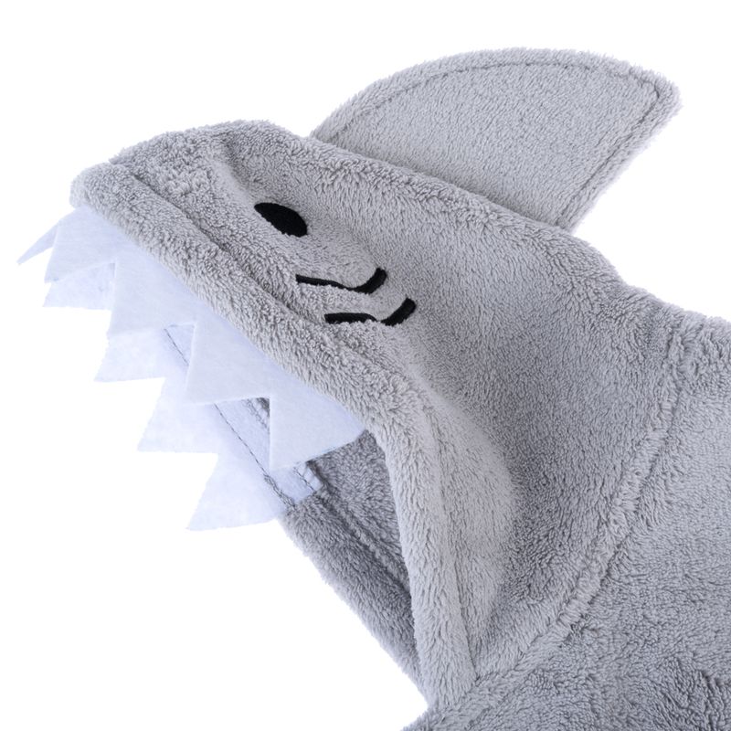 Grey shark costume made of soft fabric with fin, teeth and embroidered eyes. Suitable for pets.