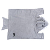 Grey towel with hood in shark design, visible Trixi brand on the front. With press studs on the sides.