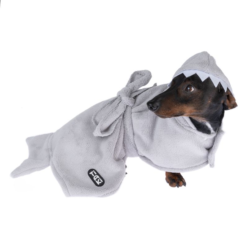 Dog in grey bathrobe with shark design and Flectalon logo, suitable for pets after bathing.