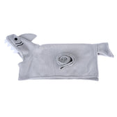 Grey towel shaped like a shark with rolled-up tail and white teeth. Suitable for pets.