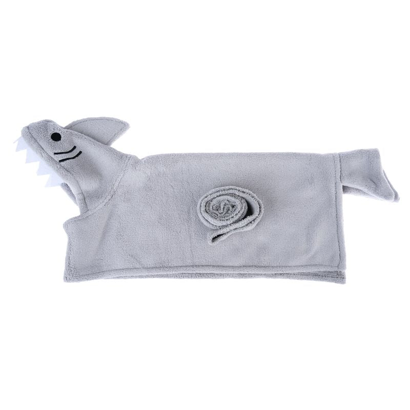 Grey towel shaped like a shark with rolled-up tail and white teeth. Suitable for pets.