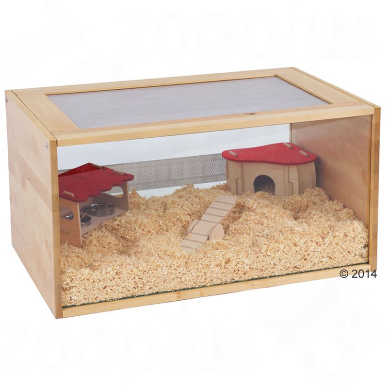 Wooden rodent cage with plexiglass front, equipped with house, feeding station and wooden ramp on bedding.