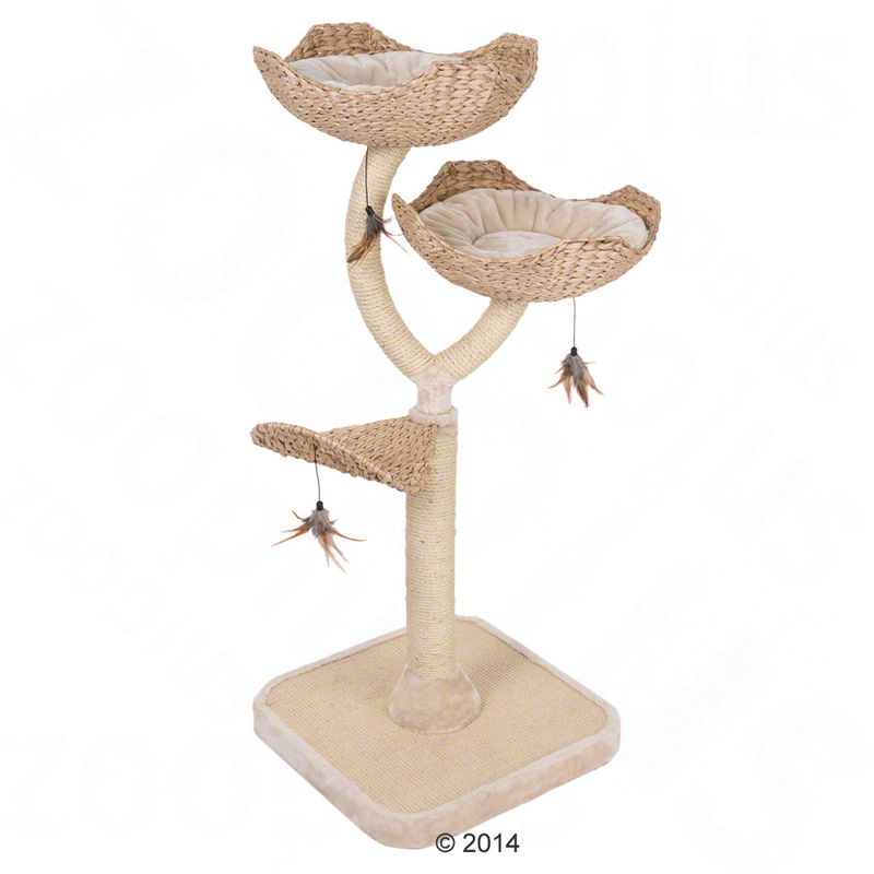 Cat tree made of woven natural material with three levels, two padded resting areas and feather toy pendants.