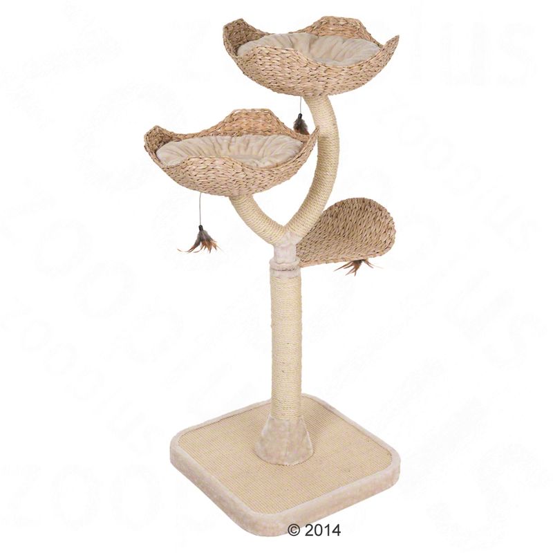 Cat tree made of woven natural material with two lounging areas, sisal post and toy pendants. Rectangular base for stability.