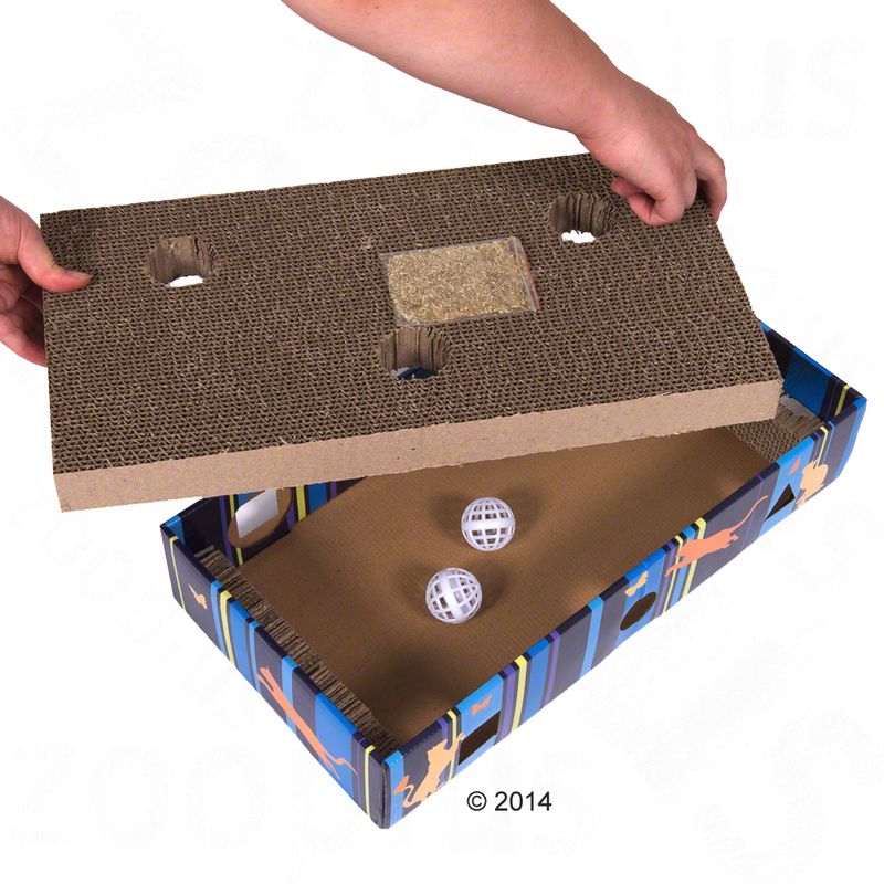 Cardboard play box with removable top, holes and catnip. Inside are two white play balls. Hands demonstrate use of the box.