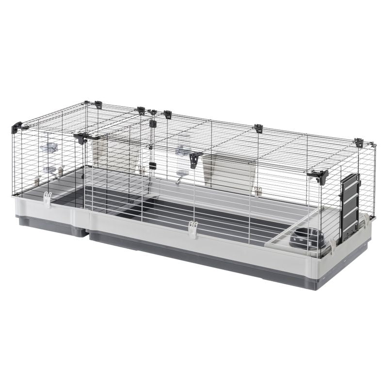 Large enclosure with metal mesh walls, plastic floor and two separate areas. Includes food and water bowls as well as access doors.