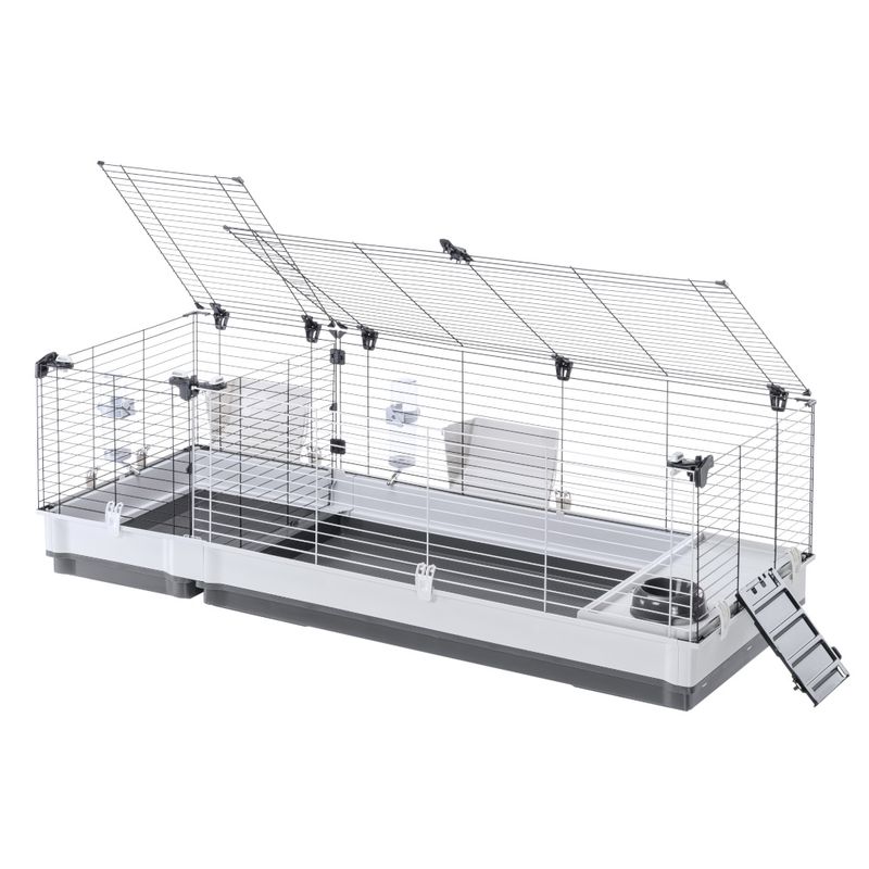 Large cage with metal grid walls, plastic base, feeding station, water bottle and ramp. Two large top flaps for easy access.