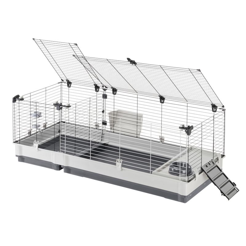 Large cage with metal mesh walls, plastic base, folding lid, food container and ramp. Suitable for small animals.