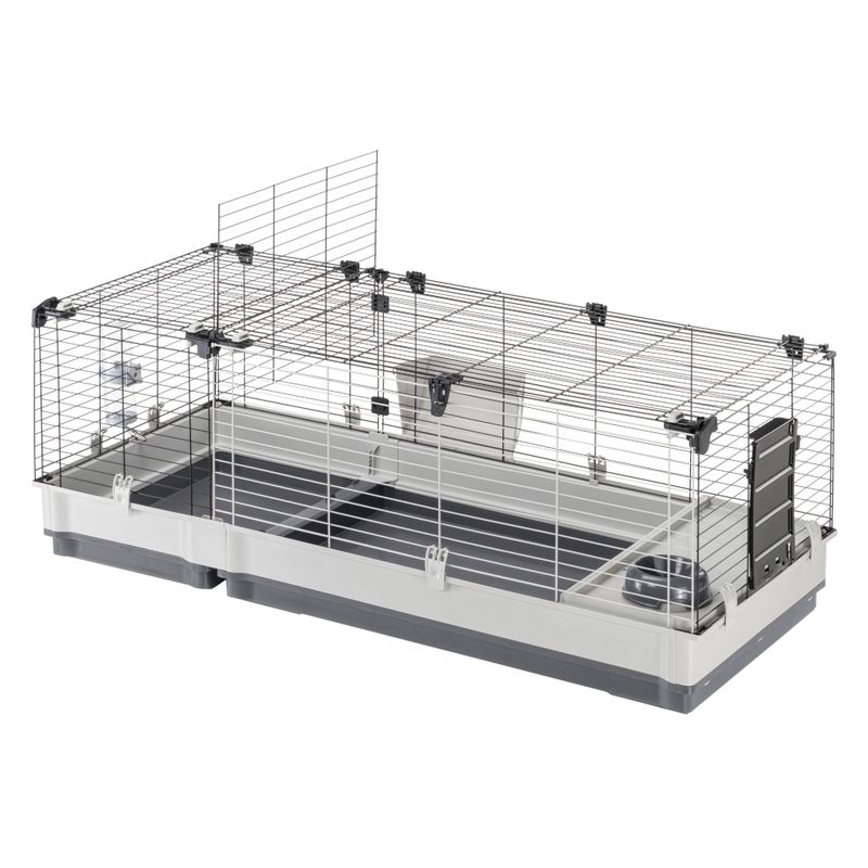 Small animal cage with metal grid walls, plastic base, feeding station and water bottle. Side door and removable top cover visible.