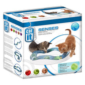 Catit Senses Tempo play track with movable, illuminated ball. Packaging shows two cats playing and product details.