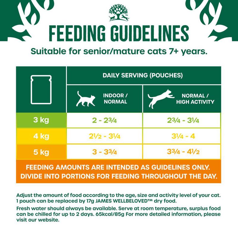 Feeding guidelines for senior cats 7+ years: 3kg cat needs 2–2¾ pouches (indoor) or 2¾–3¼ (active); 4kg: 2½–3¾ or 3¼–4; 5kg: 3–3¾ or 3¾–4½. Divide portions through the day.