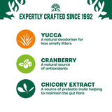 Yucca: natural deodoriser for less smelly litters. Cranberry: natural source of antioxidants. Chicory extract: prebiotic inulin helps maintain gut flora. Expertly crafted since 1992.