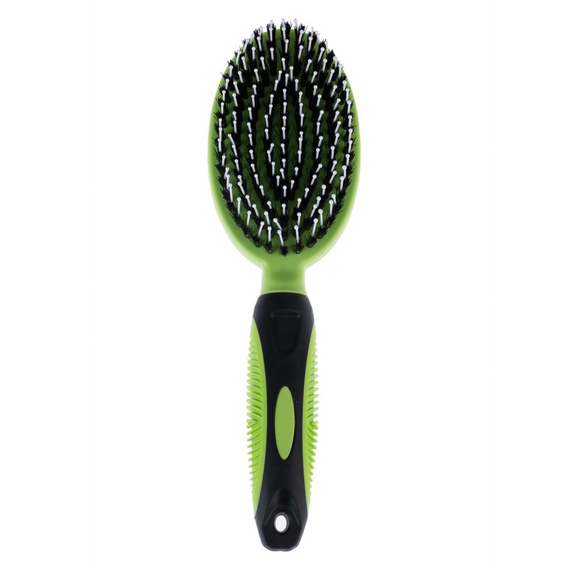 Green brush with black bristles and ergonomic handle, suitable for coat care.