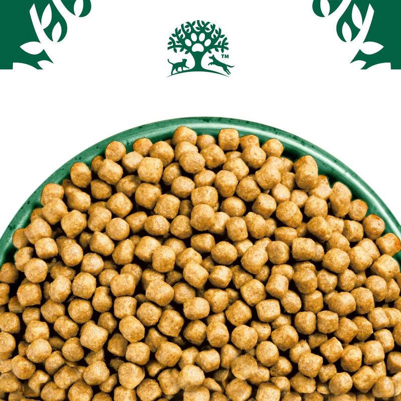 Close-up of dry pet food kibble in a green bowl, with a tree and animal symbol above. Shows product shape and size for assessing suitability.