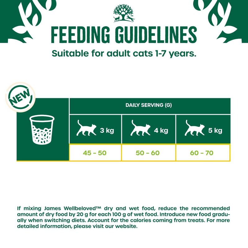 Feeding guidelines for adult cats aged 1-7 years: 3kg cat, 45-50g daily; 4kg, 50-60g; 5kg, 60-70g. Adjust dry food by minus 20g per 100g wet food when mixing. Gradually introduce new food.