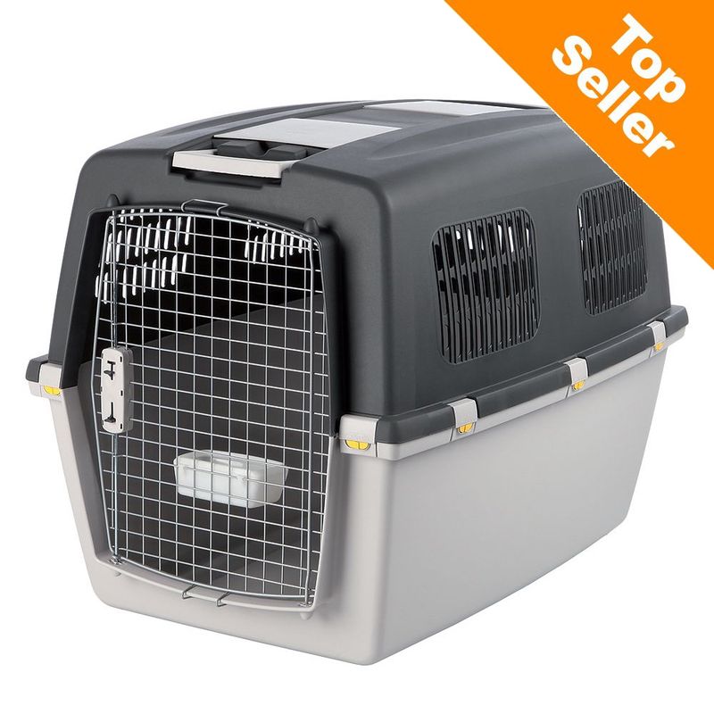 Plastic and metal pet carrier with front wire door, side ventilation panels, handle on top, and orange 'Top Seller' badge in the corner. Water bowl attached inside door.