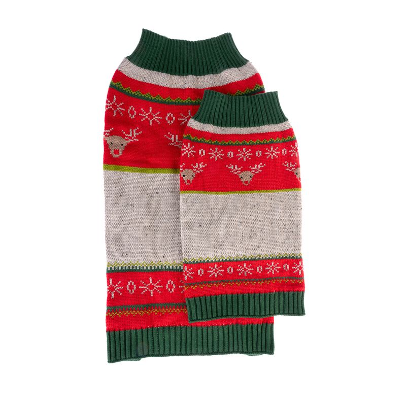 Two knitted dog jumpers with Christmas design, red-green with reindeer and snowflake pattern.