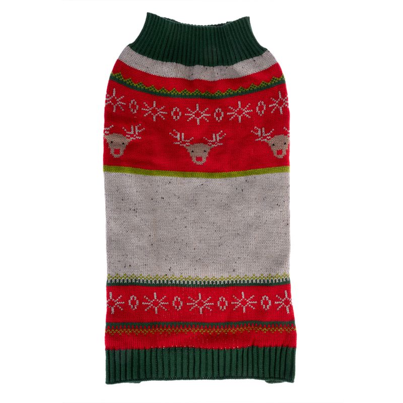 Red and grey dog jumper with reindeer and snowflake pattern, green collar and cuffs.